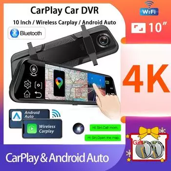 Dash Cam 4K 3840*2160P Car DVR Carplay Android Auto WIFI BT FM AUX 10 Inch Drive Recorder Dashcam Camera Stream RearView Mirror