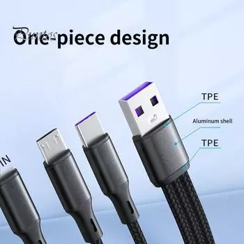 Кабель для передачи данных, быстрая зарядка, стабильная передача данных, 3 в 1, 8-контактный разъем Micro USB Type-C, компактный зарядный кабель для смартфона 5 чёрный