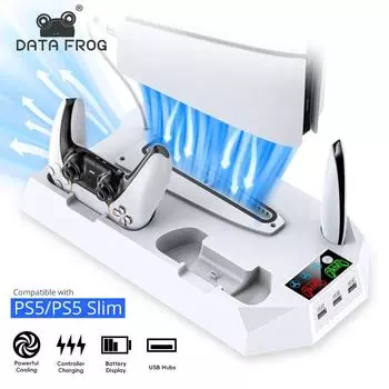 DATA FROG для PS5 Подставка Охлаждающая станция с RGB-подсветкой Вентиляторный концентратор Двойные контроллеры Зарядное устройство для PS5 Slim Аксессуары чёрный