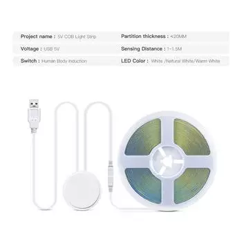 Датчик движения человеческого тела Вкл. Выкл. Световая лента DC 5V COB USB Светодиодные ленты Диодная лента Подсветка зеркала для макияжа 1m белый