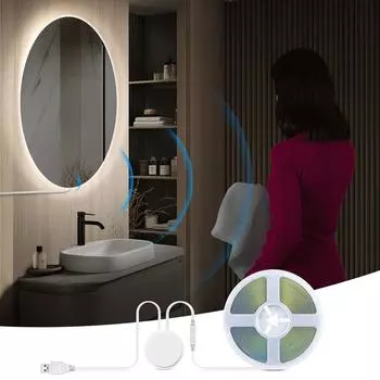 Датчик движения Подсветка зеркала для макияжа USB 5V COB Светодиодная лента Проницаемая зеркальная перегородка Индукционный выключатель Шкаф Ночник 1M Kit теплый белый