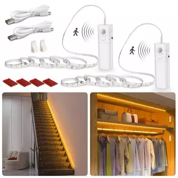 Датчик движения Wobane для помещений, перезаряжаемая лента, без конструкции, легко подключается к датчику, ночной, 2 м x 2 шт., светодиод для помещений, непрямой автоматический поворот под кроватью