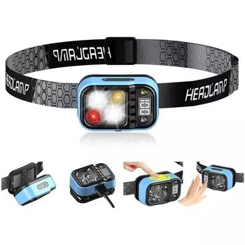 Датчик волны 2 * XTE + светодиодный белый + красный свет Умный налобный фонарь Регулируемая фара на 60 ° Перезаряжаемый через USB дисплей питания для работы в походах и походах чёрный