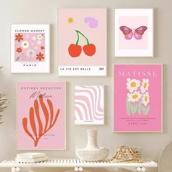Датский пастельный цветочный рынок, вишневая бабочка, линия, настенная живопись на холсте, постеры и принт, настенные панно для декора гостиной A4 21X30cm No Framed
