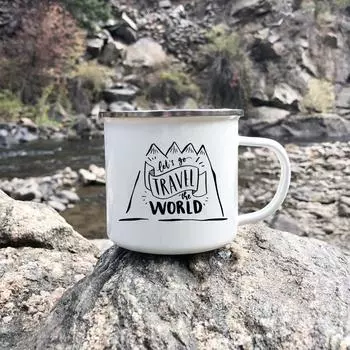 Давайте отправимся в путешествие по миру Кемпинг Эмалированные чашки с ручками Кружки для кофе, чая, молока Кружки для вечеринок Лучшие подарки Кемпинг Кружки для костра 360ml