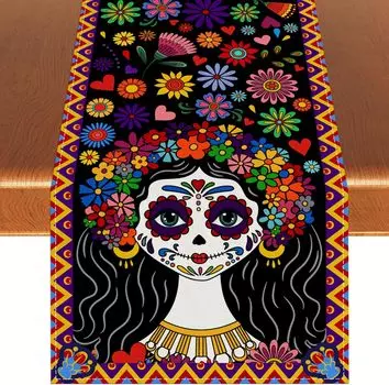 Day of The Dead Linen Table Runner Mexican Fiesta Party Decor Sugar Skull Dia De Los Muertos Table Runners Halloween Decorations 150x33cm 59x13inch