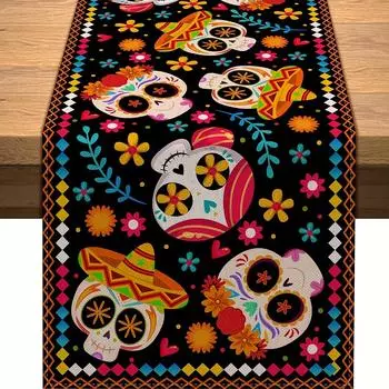 Day of The Dead Linen Table Runners Candy Skull Dia De Los Murtos Mexico Fiesta Festival Party Decor Kitchen Dining Table Decor 150x33cm 59x13inch