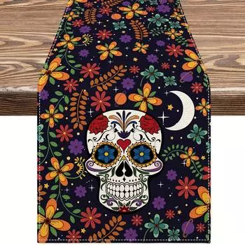 Day of The Dead Skull Linen Table Runners Mexican Style Colorful Flowers Skull Dresser Scarf Table Decor Halloween Party Decor 150x33cm 59x13inch
