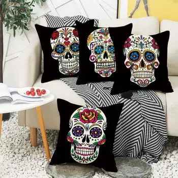 Day of the Dead Skull Pillow Cover Skull Decoration Sofa Bedroom Pillow Cover Bedside Backrest Does Not Include Pillow Core 45*45cm