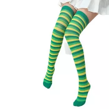 Day Patricks St Thigh High Stocking Over Knee Sock Long Striped Shamrock Women Yellow Strips