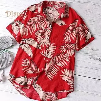 Daydreamer Мужская рубашка с лацканами и принтом листьев, легкая гавайская рубашка с короткими рукавами и пуговицами для клуба 2XL зелёный