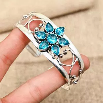 Dazzling Blue Topaz Gemstone 925 Sterling Silver Handmade Jewelry Lovely Bracelet For Her