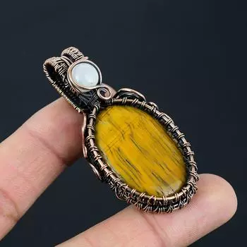 Ослепительный тигровый глаз и лунный камень драгоценный камень ручной работы из чистой медной проволоки обернутый в обертку ювелирное украшение кулон для любви 2.56 Inches жёлтый