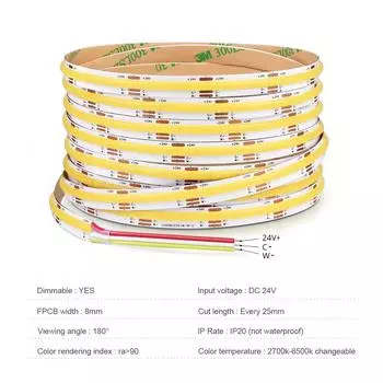 DC12V 24V CCT COB Светодиодная лента 608LEDs/M Линейная светодиодная лента с регулируемой яркостью от 2700K до 6500K Сменная лампа для декора кабинета DC24V&5m