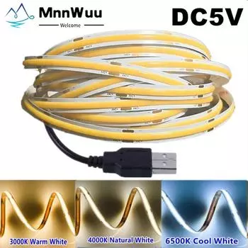 DC5V COB Светодиодная лента с источником питания USB 320LED/m Гибкое освещение высокой плотности 3000K/4500K/6500K Многоцветная световая лента 0.5M холодный белый
