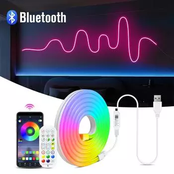 DC5V USB RGB Неоновая светодиодная лента Водонепроницаемая светодиодная неоновая лента Вывеска Bluetooth-приложение и пульт дистанционного управления для декора комнаты ТВ Настенное освещение 1m