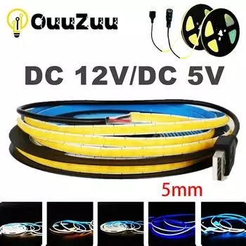 DC 5 В 12 В USB светодиодная лента COB 400 светодиодов/м 5 мм белая теплая белая светодиодная лента 1-10 м светодиодная гирлянда для ТВ фоновая лента для домашнего декора лампа 2Pin wire 0.5M теплый белый
