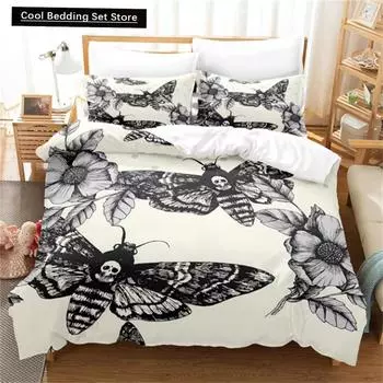 Death Moth Black Bedding Set, Gothic Bedding Set, Skull and Butterfly Cover, Luxury Home Bedding, 2pcs, 3pcs EU single(135x200cm)
