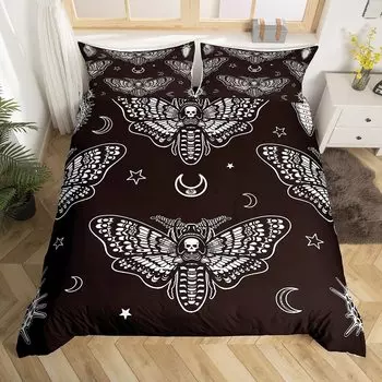 Death Moth Duvet Cover Set King Queen Full Twin Size Galaxy Sun and Moon Polyester Comforter Cover Boho Gothic Skull Bedding Set 135x200cm 2pcs