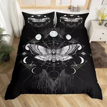 Death Moth Duvet Cover Set King Queen Full Twin Size Galaxy Sun And Moon Polyester Comforter Cover Boho Gothic Skull Bedding Set EU Single 135x200cm