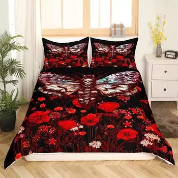 Death Moth King Queen Duvet Cover Gothic Sugar Skull Bedding Set Bohemian Poppy Flower Comforter Cover Polyester Quilt Cover 70x133cm 2pcs