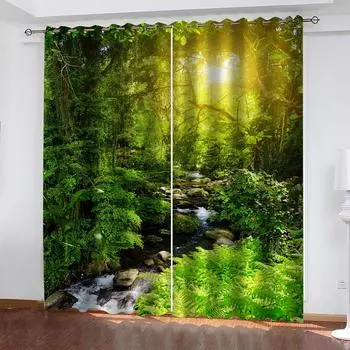 Глубокий зеленый лес детский стиль 3D мода 2 шт мальчики ребенок окно затемняющие шторы гостиная спальня декор W70xH160cmx2&Grommet Top