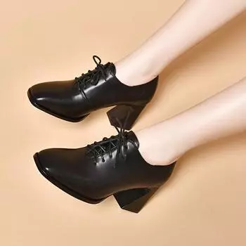 Deep single shoes women s spring new square head lace-up horseshoe and high heels two kinds of height leather shoes 34