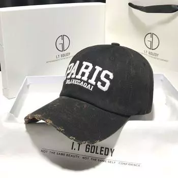 Deep Top Wide Brim Baseball Cap Women s Face-Looking Small Spring Mixed Dyed Ripped Embroider Alphabet Peaked Cap Couple Sun-Proof Fashion Black Adjustable