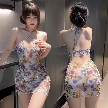 Deep U dew ditch smudge print hip skirt sex underwear summer sexy naked back dress supplies uniform temptation One size fits all [80-60kg]