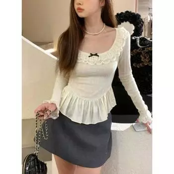 Deeptown Coquette корейский стиль белые футболки женские Fairycore милые оборки футболки с длинным рукавом Y2k милые тонкие корсетные топы осень S бежевый