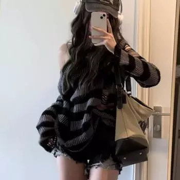 Deeptown Gothic Streetwear Полосатый вязаный свитер Gothi для женщин Harajuku Punk джемпер Свободные универсальные топы XL черный серый