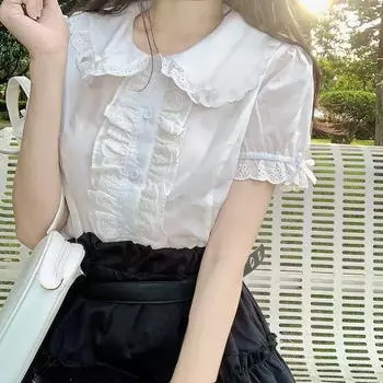 Deeptown Kawaii Блузки в стиле Лолиты, белые женские милые кружевные топы, рубашки с рюшами, винтажные милые топы с пышными рукавами в японском консервативном стиле S белый