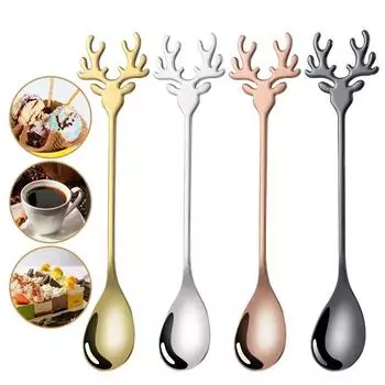 Deer Head Shape 304 Stainless Steel Stirring Spoon Romantic Christmas Elk Coffee Dessert Spoon Exquisite Tableware Party Gift золотой