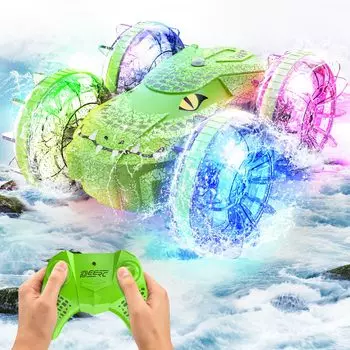 DEERC Радиоуправляемая амфибийная радиоуправляемая машина для трюков на радиоуправлении с дистанционным управлением, 4 колеса, 360 градусов, светодиодная подсветка, работа 40 2 Начальная школа