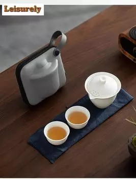 Dehua Sheep Fat Jade White Porcelain Tea Set Kit Traditional 1 Pot 3 Cups Tea Maker Set Portable Picnic Camping Organizer Craft