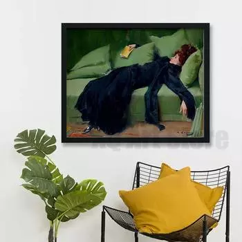 Декадентская молодая женщина после танца. Роман Касас. Антикварная картина на холсте 1899 года. Знаменитая скучающая викторианская женская фигура позолоченного века. 21x30cm No Framed