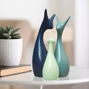 Декор для дома Статуэтка семьи счастливых оленей Керамические фигурки - (Набор из 3 штук, темно-синий, лимонный и светло-зеленый)