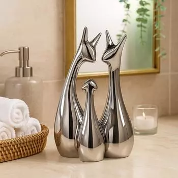 Декор дома Статуэтка счастливого серебряного оленя Семейные керамические фигурки с отделкой под рояльный лак - (Набор из 3 штук, Серебряный набор)