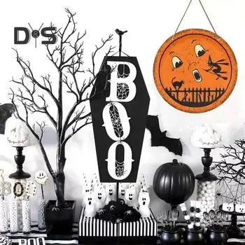 Декор из дерева на Хэллоуин, подвесная табличка на дверь с изображением ведьмы и кошки, вырезанное вручную украшение на Хэллоуин для входной двери, наружной стены, окна 20cm