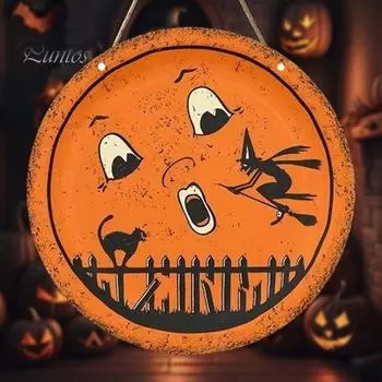 Декор из дерева на Хэллоуин, подвесная табличка на дверь с изображением ведьмы и кошки, вырезанное вручную украшение на Хэллоуин для входной двери, наружной стены, окна 20cm