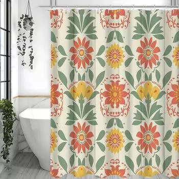 Декор Ванной (Душевая занавеска), Мультяшная шторка для душа с цветами и зелеными листьями, с 12 крючками 90*180cm