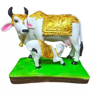 Декоративная мраморная статуэтка ручной работы «Корова и телёнок» большая статуя/идол для подарка, домашний декор (Золотой 5 дюймов), животное;религиозный