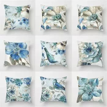 Декоративная наволочка с синим принтом цветов и птиц для гостиной, офиса, украшения для дома 40x40cm