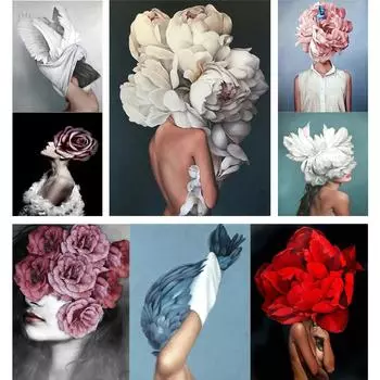 Декоративная живопись Гостиная Украшение дома Цветы Перья Женщина Абстрактная картина на холсте Настенная картина с принтом Плакат Картина без рамки 21*30cm