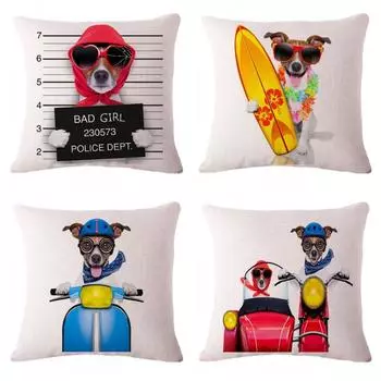 Декоративные подушки для собак, мультяшные мотоциклетные подушки для серфинга с принтом собак из хлопка и льна, диванная подушка, модный дизайн 45x45cm