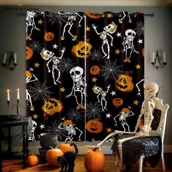 Декоративные шторы на Хэллоуин для детской комнаты, принт с изображением черепа из мультфильма ужасов, ресторана, праздничной вечеринки W50X130H(CM)X2PCS&Grommet Top