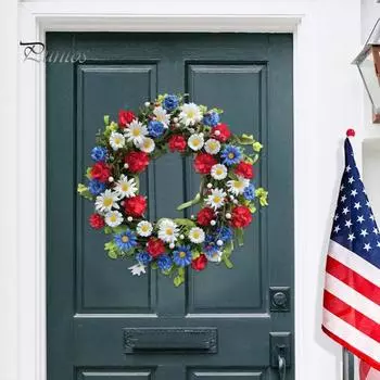 Декоративный цветной весенний венок без полива, День независимости, красный, синий, белый цветочный венок, украшение для дома красный