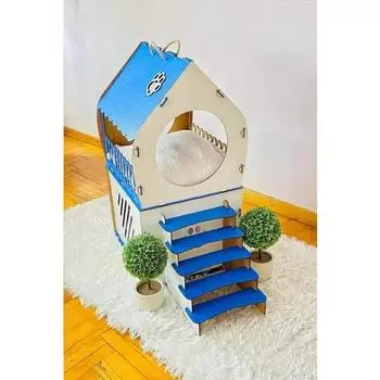 Декоративный деревянный кошачий домик с террасой. 2-этажный кошачий домик с лестницей. Синий - белый.