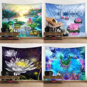 Декоративный гобелен с рисунком лотоса, выполненный тушью, украшение для офиса, гостиной, настенный гобелен для дома 100x75cm