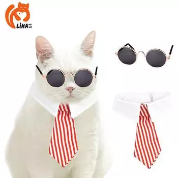 Декоративный ошейник для собак и кошек с галстуком-бабочкой и солнцезащитными очками Stripe Tie + Glasses Set A, Size L красный